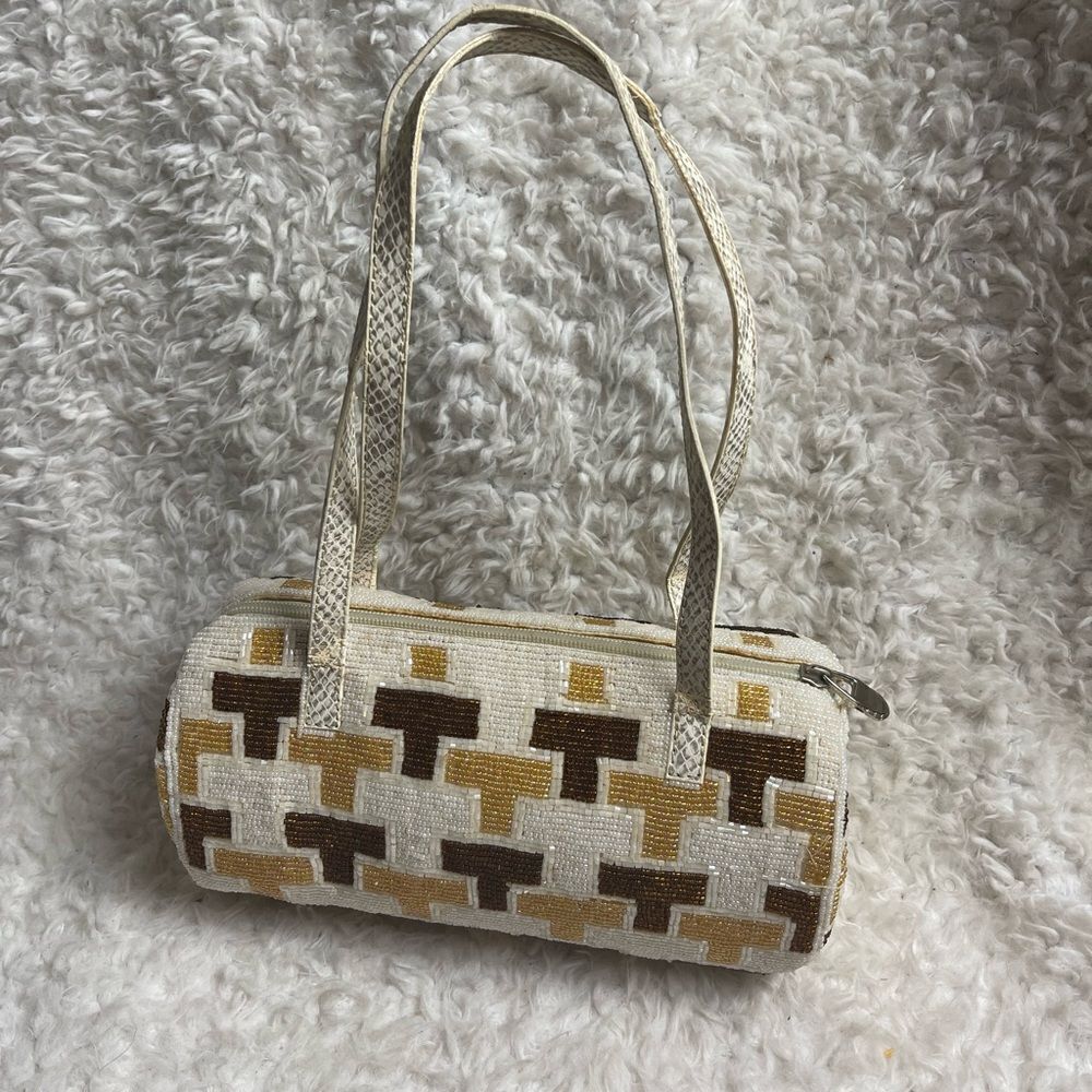 Eswanny beaded Brown,gold &beige satchel faux leather reptile print straps - Picture 4 of 16